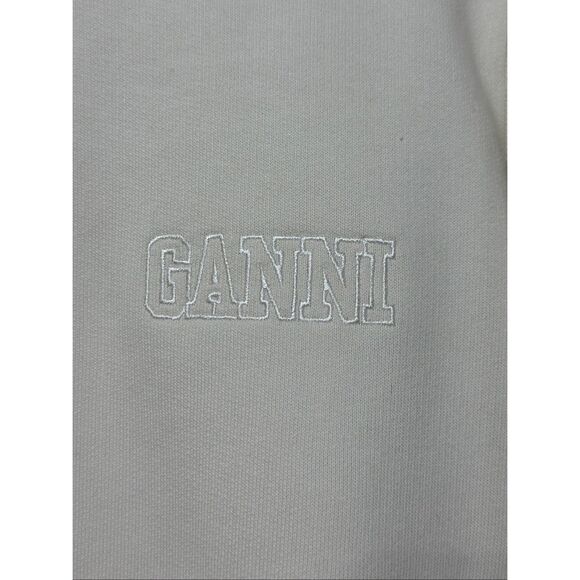 NWOT Ganni Puff Shoulder Cream Embroidered Logo Sweatshirt Sweater Women's L - Picture 4 of 11